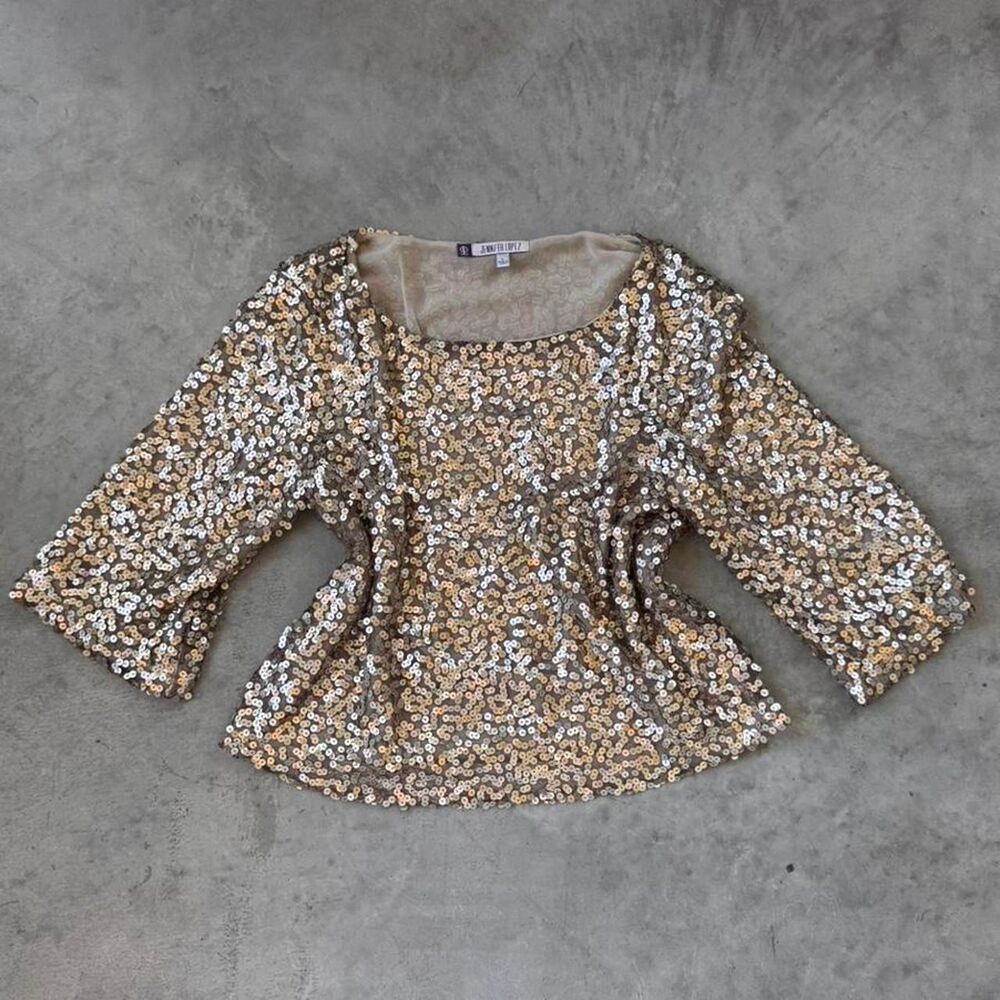 Jennifer Lopez gold & silver sequin blouse with bell sleeves, size L